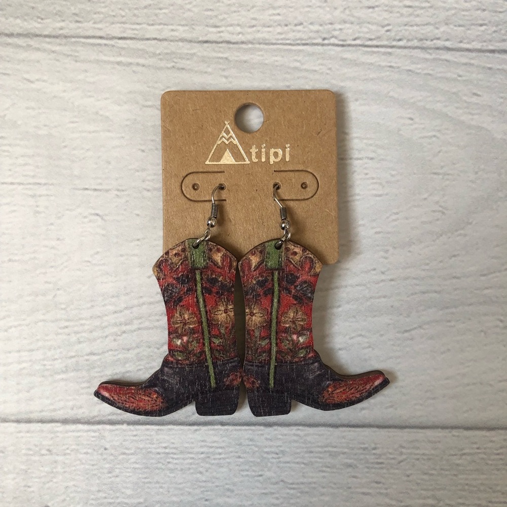 Tipi Wood Cowboy Boots Earrings